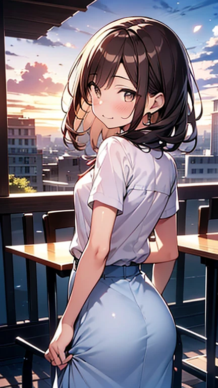 One girl、Dining at an Italian restaurant、She eats pasta、Italian food on the table、Out of the window、A pleasant breeze blows、Beautiful hair blowing in the wind、(Brown hair short cut)、Beautiful brown hair、Perfect Face、Cute and symmetrical face、Shiny skin、Friendly face smiling、Very clear, reflective brown eyes、Slightly chubby、Small breasts、buttocks are small、A girl in a white button-down shirt and a tight skirt、Let's think step by step,Highest quality、masterpiece、 Ultra-high resolution 、8k、Show anime style 、Soft Line Art、Digital Enhancement、 shojo anime touch, shojo manga core, Flowing fabric、Soft Drawing、 Ultra-Definition Digital Anime Art、 Clear facial depiction、Super detailed girl cartoon character art、 Ultra-detailed manga style、 Highest qualityの色、Walking around the city、Back view、Clouds in the sky、Warm and soft sunset、A pleasant breeze blows、Beautiful hair blowing in the wind