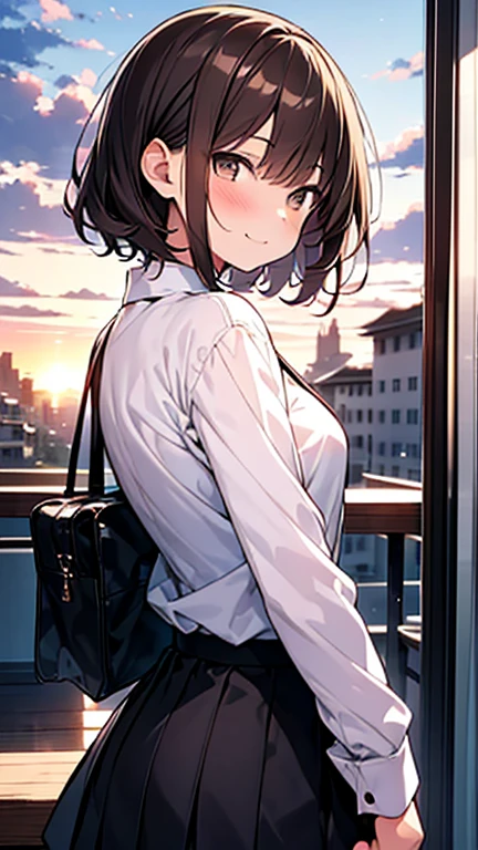 One girl、Dining at an Italian restaurant、She eats pasta、Italian food on the table、Out of the window、A pleasant breeze blows、Beautiful hair blowing in the wind、(Brown hair short cut)、Beautiful brown hair、Perfect Face、Cute and symmetrical face、Shiny skin、Friendly face smiling、Very clear, reflective brown eyes、Slightly chubby、Small 、buttockall、A girl in a white button-down shind a tight skirt、Let's think step by step,Highest quality、masterpiece、 Ultra-high resolution 、8k、Show anime style 、Soft Line Art、Digital Enhancement、 shojo anime touch, shojo manga core, Flowing fabric、Soft Drawing、 Ultra-Definition Digital Anime Art、 Clear facial depiction、Super detailed girl cartoon character art、 Ultra-detailed manga style、 Highest qualityの色、Walking around the city、Back view、Clouds in the sky、Warm and soft sunset、A pleasant breeze blows、Beautiful hair blowing in the wind