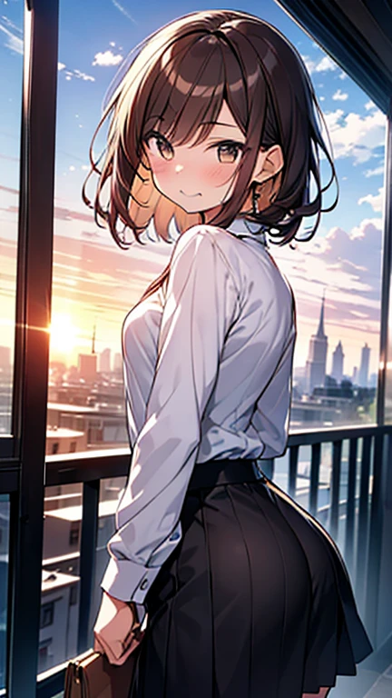 One girl、Dining at an Italian restaurant、She eats pasta、Italian food on the table、Out of the window、A pleasant breeze blows、Beautiful hair blowing in the wind、(Brown hair short cut)、Beautiful brown hair、Perfect Face、Cute and symmetrical face、Shiny skin、Friendly face smiling、Very clear, reflective brown eyes、Slightly chubby、Small breasts、buttocks are small、A girl in a white button-down shirt and a tight skirt、Let's think step by step,Highest quality、masterpiece、 Ultra-high resolution 、8k、Show anime style 、Soft Line Art、Digital Enhancement、 shojo anime touch, shojo manga core, Flowing fabric、Soft Drawing、 Ultra-Definition Digital Anime Art、 Clear facial depiction、Super detailed girl cartoon character art、 Ultra-detailed manga style、 Highest qualityの色、Walking around the city、Back view、Clouds in the sky、Warm and soft sunset、A pleasant breeze blows、Beautiful hair blowing in the wind