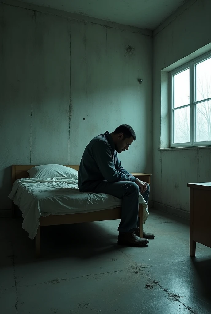 Poor empty room,  one bed,  one criminal sittint on his bed,  police present, criminal fears,  full room view 