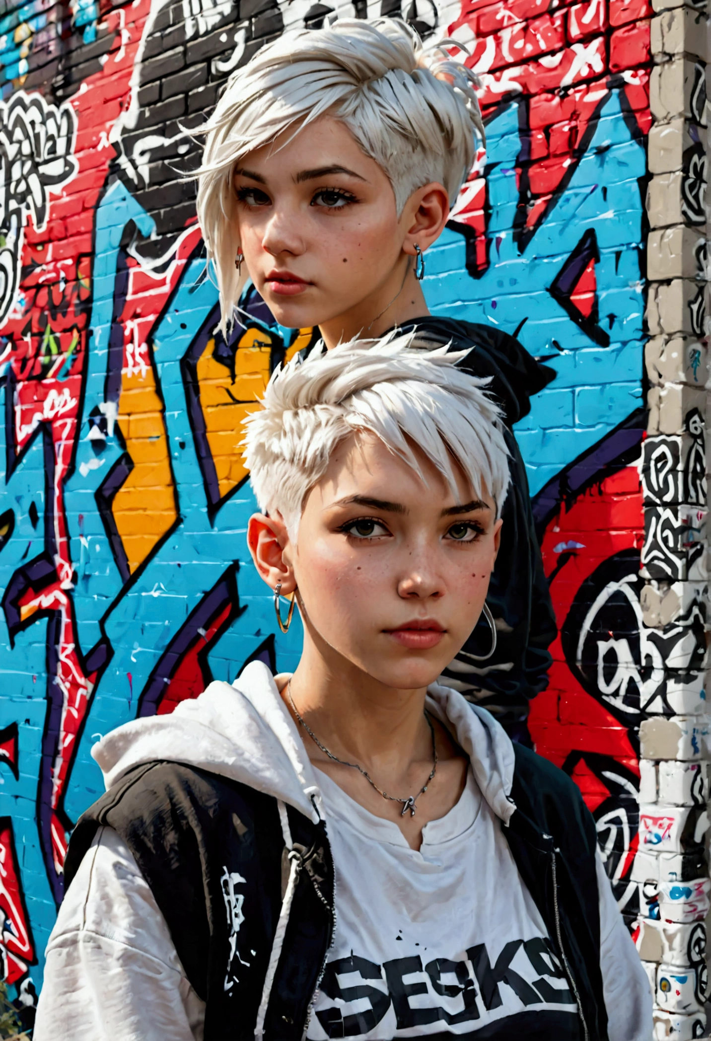 masterpiece, Highest quality, Very detailed, 8k, Realistic, One Girl, alone, Tomboy, Very detailed face, (head shot:1.5), Standing in front of a wall covered in hip hop graffiti, Pixie cut white hair, He is wearing a short tank top and an open-zipped hoodie...,I can see your chest,Nice ass,Wear a New Era cap,Look forward
