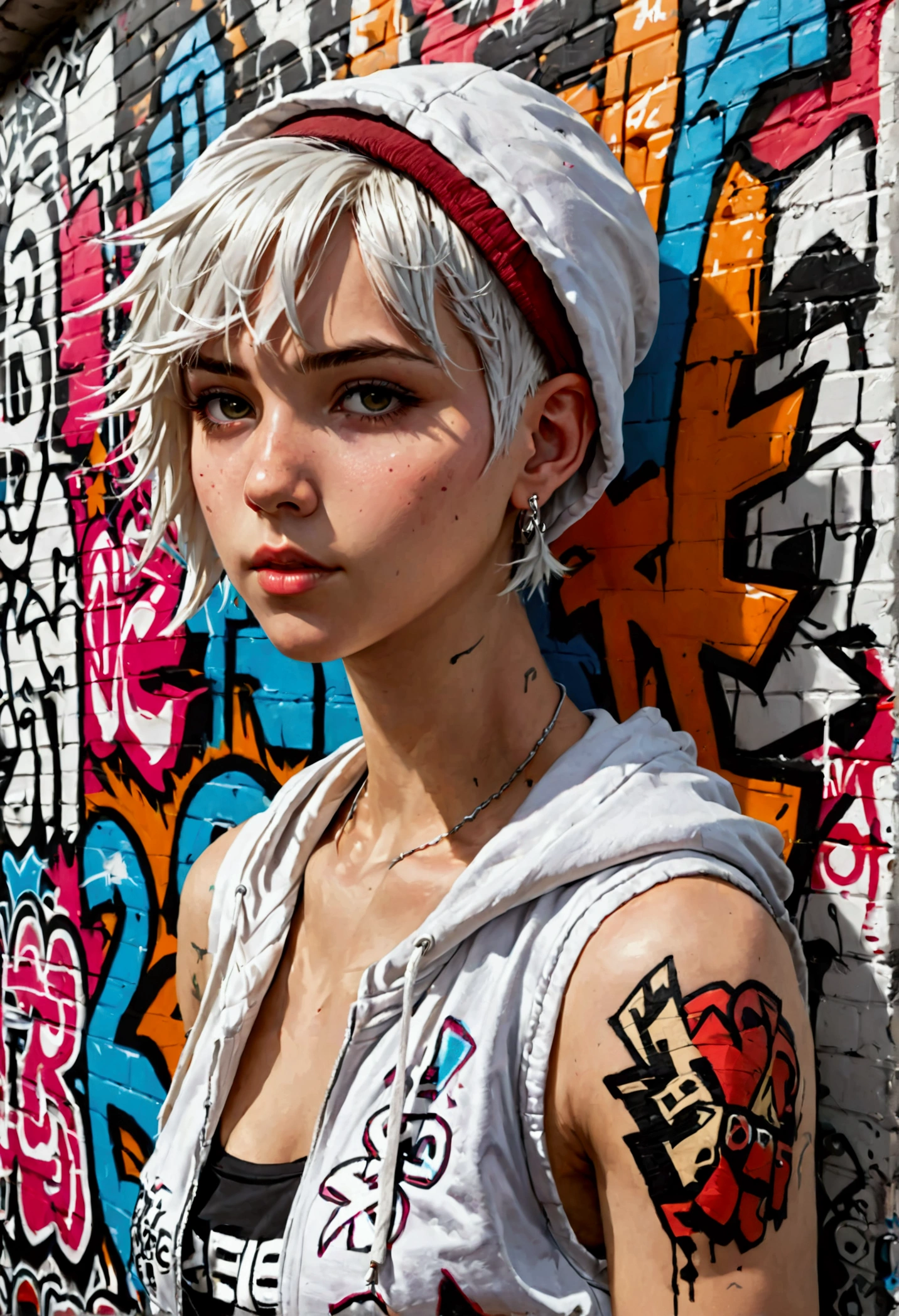 masterpiece, Highest quality, Very detailed, 8k, Realistic, One Girl, alone, Tomboy, Very detailed face, (head shot:1.5), Standing in front of a wall covered in hip hop graffiti, Pixie cut white hair, He is wearing a short tank top and an open-zipped hoodie...,I can see your chest,Nice ass,Wear a New Era cap,Look forward