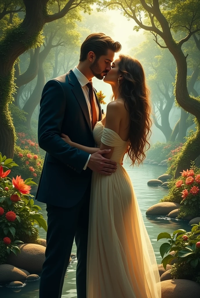 Drawing of a man with a tie talking to Eve, whispering some things in her ear in the Garden of Eden