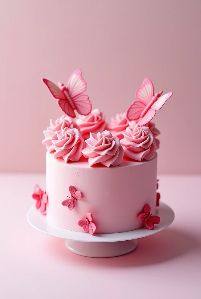 Make a 2 cm cake that has every shade of pink that exists, that has bows on the corner of the cake and the most beautiful butterflies in the world, this cake has to come out perfect, the most beautiful in the world.