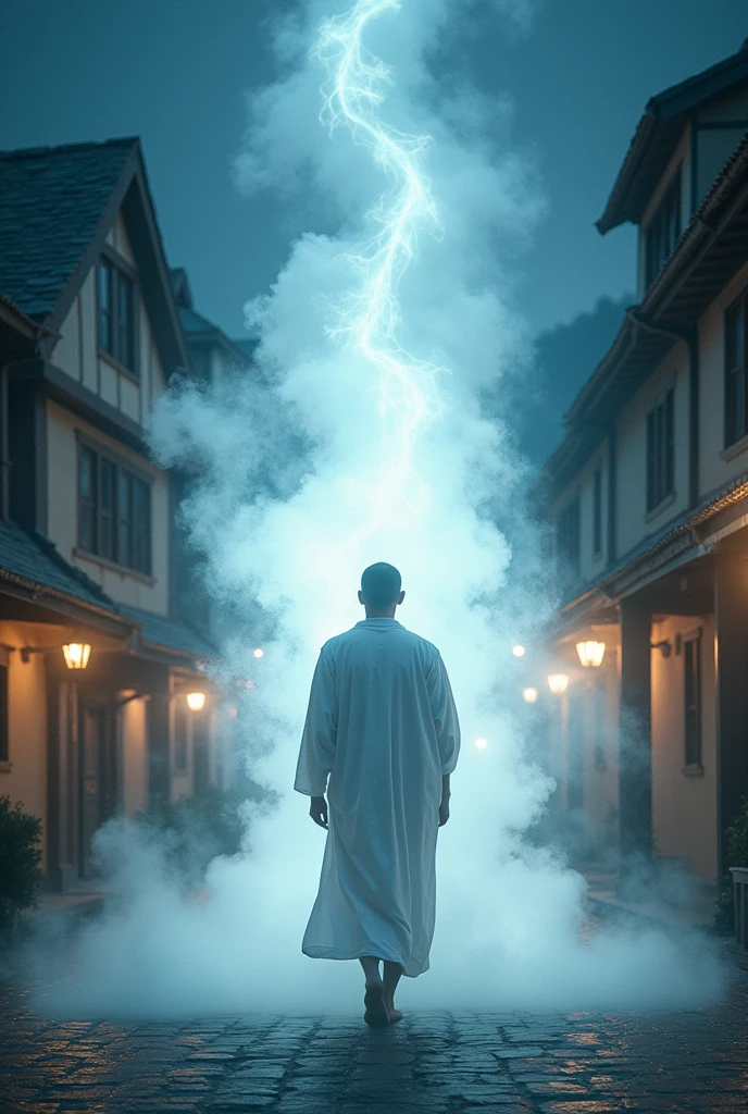 Portal of light in the form of mist, where a man dressed in spiritual white comes out of this.. the portal in a small square in a town at night