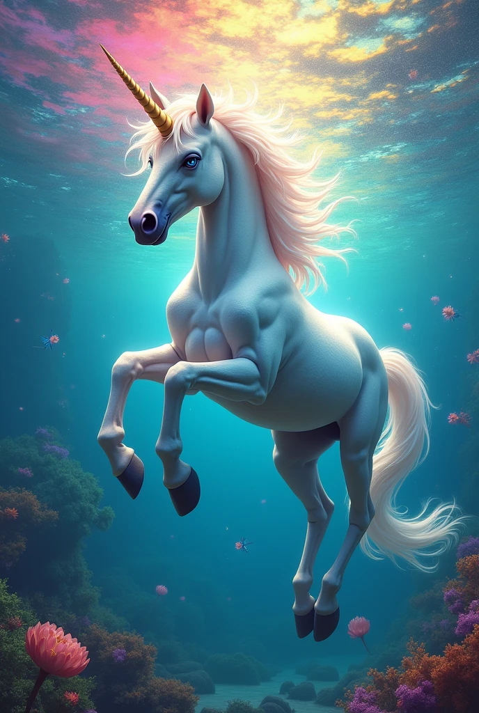 Unicorn swimming with rainbow 
