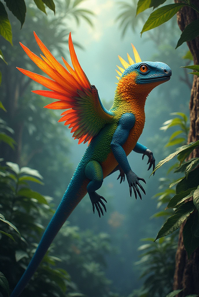 Visualize a fascinating genetic fusion between a lizard and a parrot. This creature should have the sleek, scaled body of a lizard, with vibrant, colorful feathers emerging along its spine and tail. Its head is a blend of both species, featuring the beak of a parrot with a lizard's sharp eyes and forked tongue. The creature's wings are a stunning combination of feathers and scales, allowing it to glide gracefully between trees in a tropical rainforest. The environment should be lush and full of vivid colors, highlighting the creature's ability to camouflage and stand out with its brilliant, jewel-like hues. The scene should capture the balance between the lizard's stealth and the parrot's flamboyance.