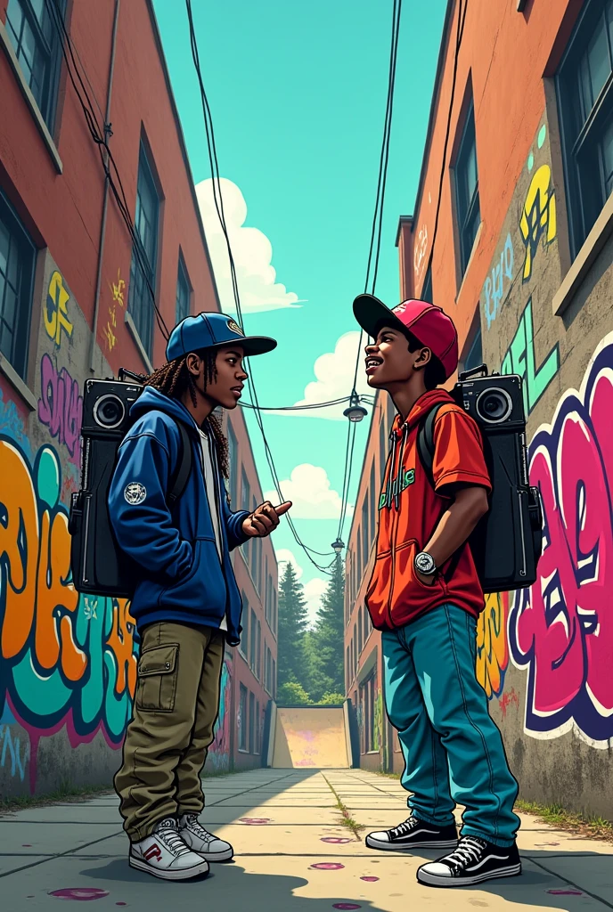 like a graffiti-covered alley A title that says: The Artists Dungeon in lyrics like drip and white street kids rapping with a radio on their shoulder retro hip-hop style skate ramp in the background Boys graffitiing Boys rapping Cartoon style Showing the organic nature of making music 