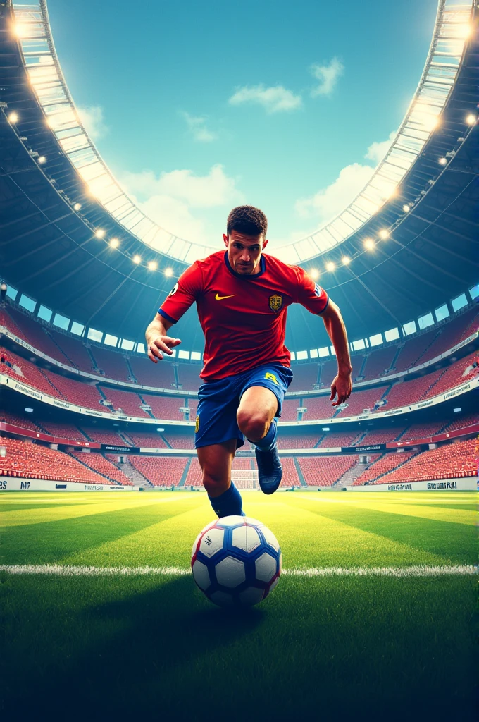 Can you make a football tournament poster with football stadium in the background a football palyer in the action without any text in the poster