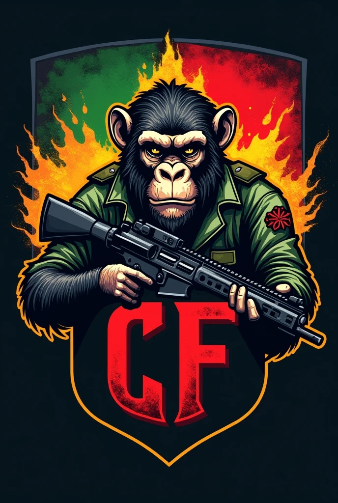 CREATE AN E-SPORTS TEAM LOGO WITH A MONKEY SMOKING AND HOLDING A RIFLE IN THE LOGO AND PLACE IT "CF" FEATURED IN THE LOGO, WITH THE FLAG OF SPAIN