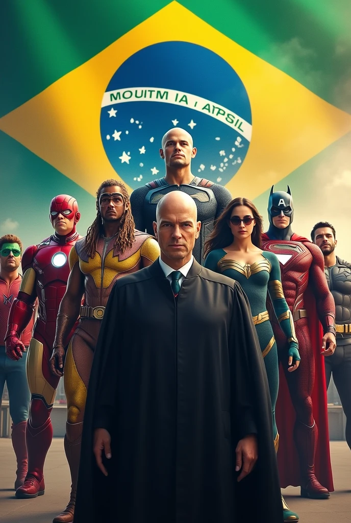 Top 5 Marvel. Top 5 DC characters and top 5 X-Man characters with Brazilian flag in the background x bald Supreme Court judge Alexandre de Morais in front of everyone