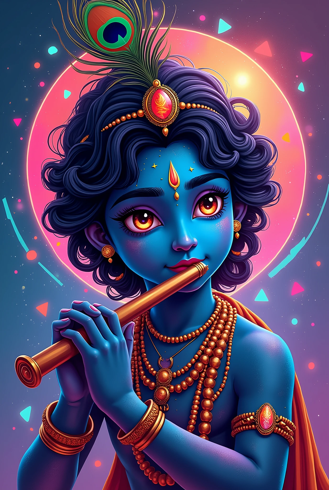 Creat vibrant lines imaginary image of krishna with is flute and peacocks feather .if he is genz