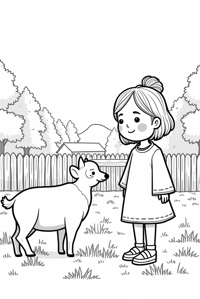 1girl, monkey, deer, forest animals, line drawing, simple line art, wooden fence, barn, field, easy to color, cute, child-friendly, black and white