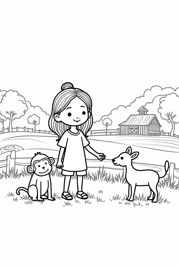 1girl, monkey, deer, forest animals, line drawing, simple line art, wooden fence, barn, field, easy to color, cute, child-friendly, black and white