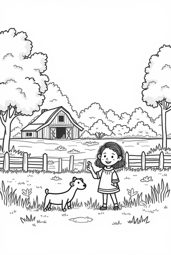 1girl, monkey, deer, forest animals, line drawing, simple line art, wooden fence, barn, field, easy to color, cute, child-friendly, black and white