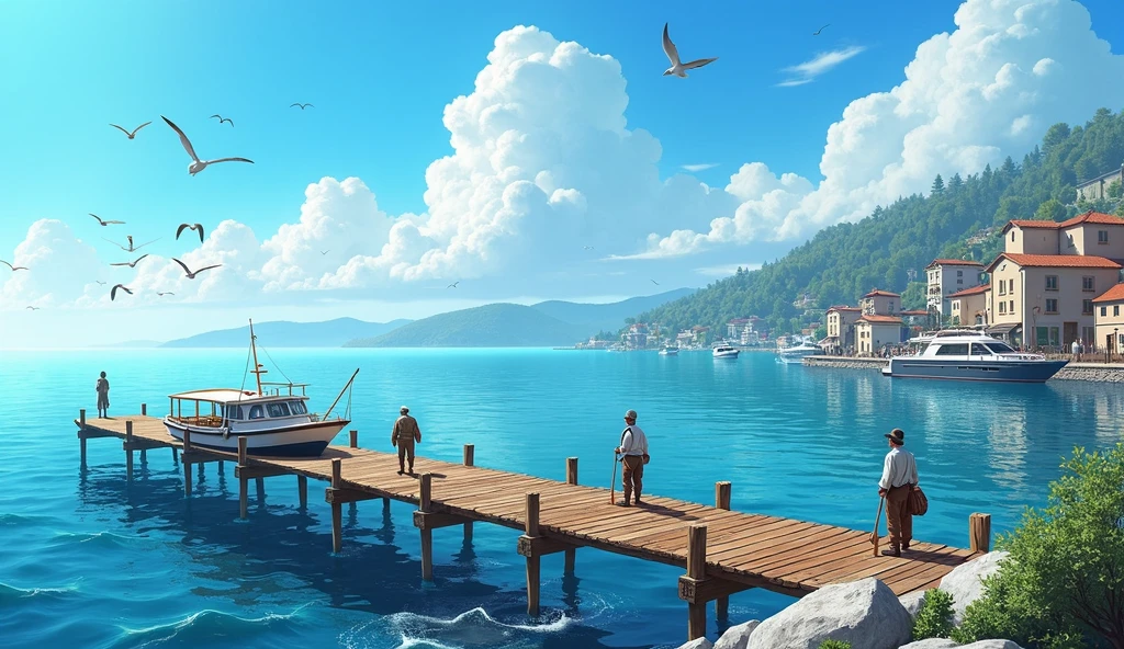 Pier of a rustic coastal town. View towards the sea. Some fishing boats and a yacht in the water. Clear and bright day. Cheerful and calm atmosphere.