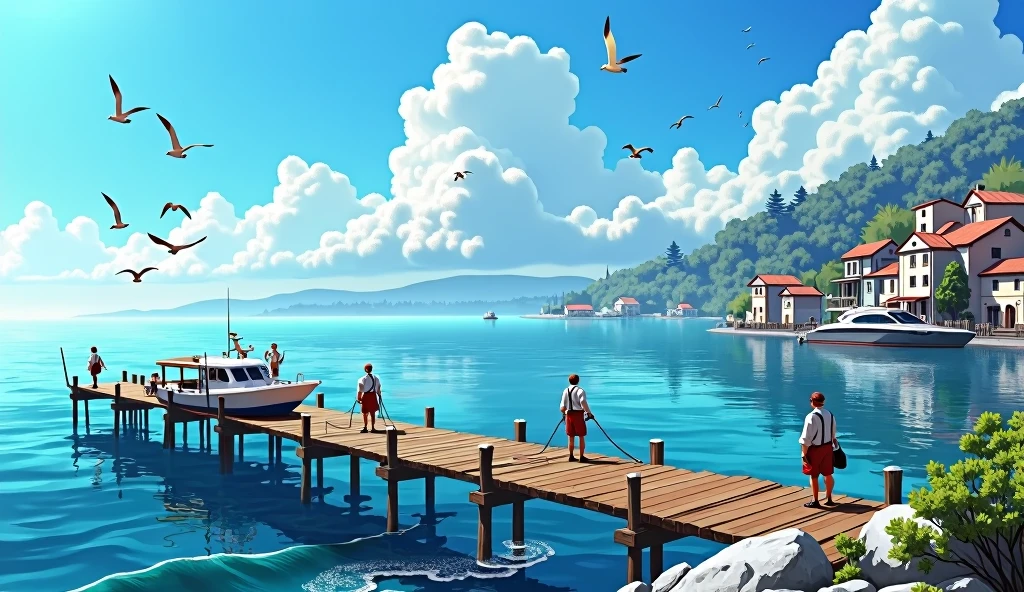 Pier of a rustic coastal town. View towards the sea. Some fishing boats and a yacht in the water. Clear and bright day. Cheerful and calm atmosphere.