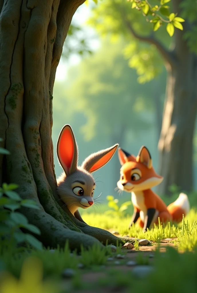  In 3D animation style The rabbit hiding behind a tree, keeping a close eye on the fox.