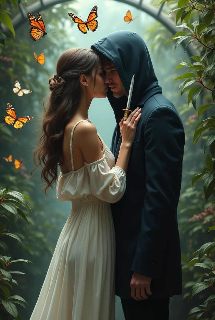 Create an image where a boy and a girl are inside a butterfly house. She has a white nightgown and long hair.. The boy has a black hooded suit. She has her back to him while he speaks in her ear. more realistic and both are separated. They are both adults. MORE ADULTS AND HE IS BEHIND HER. BOTH SEPARATED AND MORE BUTTERFLIES. SEPARATED PLEASE LET THEM BE SEPARATED. more butterflies and the girl is holding a dagger. She has a white nightgown on. more realistic. HE HAS HIS FACE MORE COVERED. They are face to face. Please improve it please improve it once more. THE FACE OF THE MOST COVERED PLEASE. She has the dagger at her neck. THE DAGGER IS CLOSER TO HIS BODY. more realistic. DON'T FORGET THE DAGGER NEAR HIS NECK. A DAGGER CLOSER. THE DAGGER IS IN HIS NECK AND MORE BUTTERFLIES PLEASE. THE DAGGER IN HIS NECK