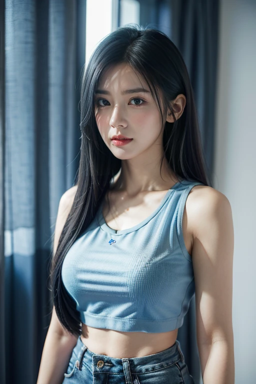 สาวเกาหลีสุดสวยwatchเหมือนภาพวาด 4 มิติ,(watch), I parted ways directly., My hair is great., Ideal , Blue cropped t-shirt with printed message., shorts, stand (window background), bright colors, studio lights, gentle fire, The light is dim., 3D animation looking at the audience, chest, Blue Hair,
