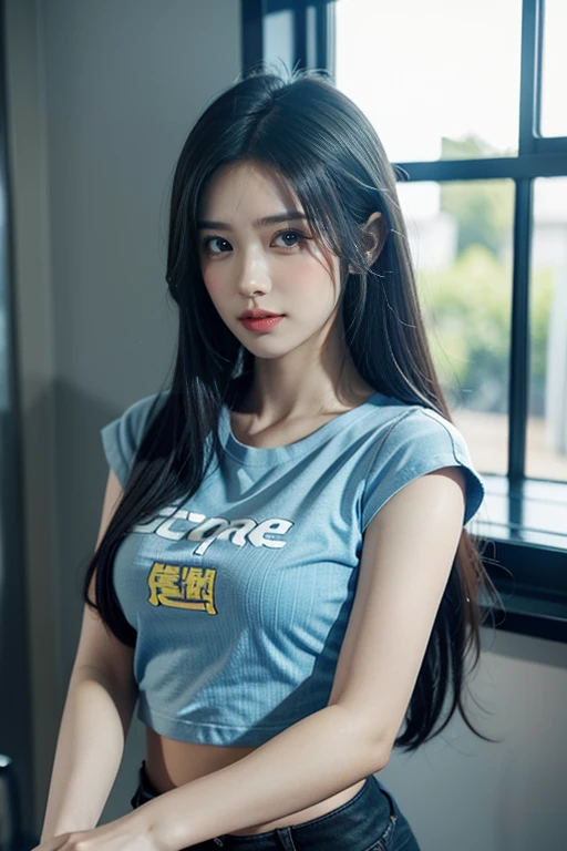 สาวเกาหลีสุดสวยwatchเหมือนภาพวาด 4 มิติ,(watch), I parted ways directly., My hair is great., Ideal , Blue cropped t-shirt with printed message., shorts, stand (window background), bright colors, studio lights, gentle fire, The light is dim., 3D animation looking at the audience, chest, Blue Hair,