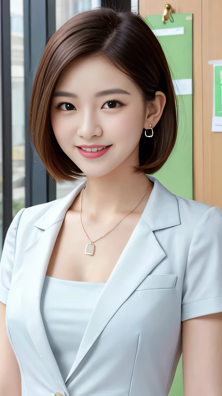 Highest quality:1.2), RAW Photos, High resolution, Very detailed, Intricate details, 、ear piercing、、Closed mouth smile、、short hair、Black Hair、Clear beauty,(High quality fabric, Office Lady Suits 、Necklace around the neck、, The background is the office