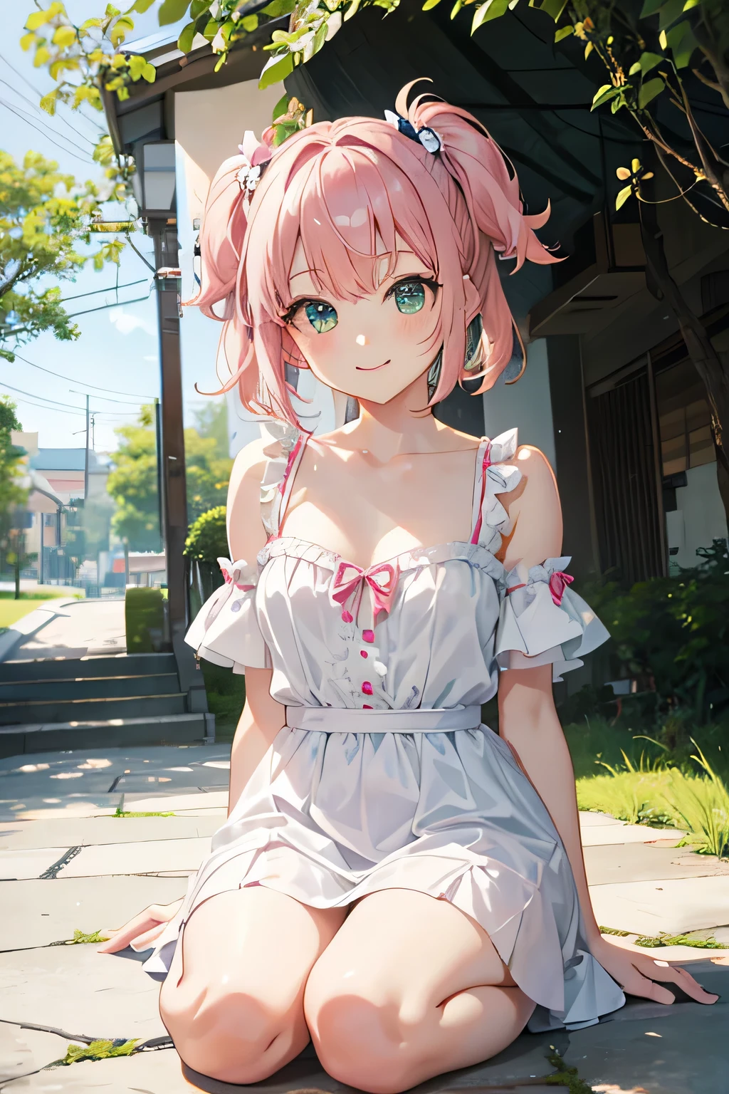 Anime Style、cute、short hair、Small twin tails、Pink Hair、Green Eyes、Small breasts、White dress、Young face、Short、smile