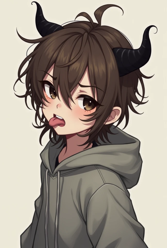 Teenage boy with long brown hair, black eyes, black demon horns, a grey hoodie, sticking tongue out