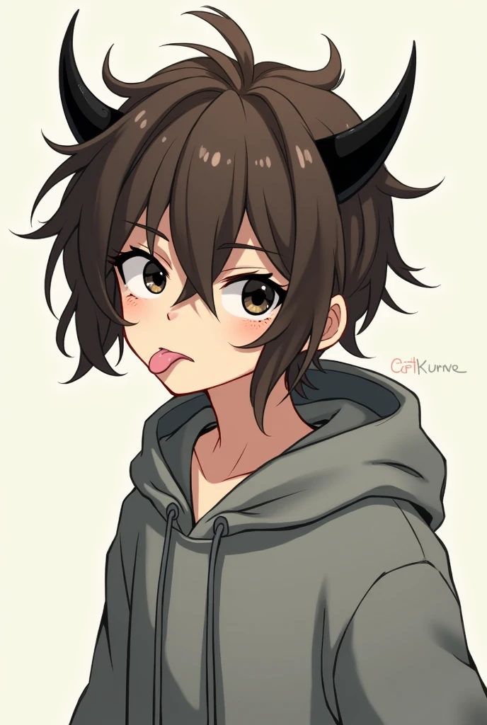 age boy with long brown hair, black eyes, black demon horns, a grey hoodie, sticking tongue out