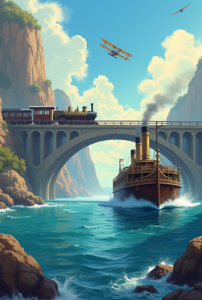 Old version of steamboat on an ocean at the foreground, a rocky bridge with arches at the bottom with the first version of a steam train on top is the middle ground, and Wilbur and Orville wright's airplane flying in the sky at the background. Make the image be wide and be easy to draw. Have a bright environment.