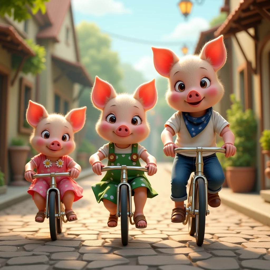 pixar style, 3d, 3 cute, good looking piglets, wearing dresses riding bicycles on cobblestone road in village, smallest piglet on left is wearing pink dress with white flowers:1.3, middle piglet in centre is wearing green dress with white polka dots:1.3, eldest piglet on the right is wearing white t-shirt blue jeans and a blue bandana:1.3, game button art, Game illustration, lovely digital painting, artstation for kids art, Official artwork, key art, mobile game art, cover game art, zootopia concept art, (soft lighting:1.3), (green and earthy color scheme:1.3), (highly detailed), (ultra quality:1.3), (masterpiece), (digital art), 8K resolution, HDR, depth of field, (soft shadows), (photorealistic:1.3), (animation:1.2), (by Greg Rutkowski:0.9), (in the style of Alphonse Mucha), trending on ArtStation, award-winning art, 3d style