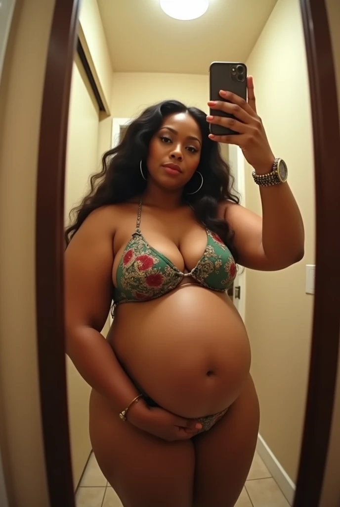 Pov fisheye camera view when fat mother Cardi B jumbo is 9 months 39 weeks pregnant taking a selfie wearing a bikini, wearing a watch while holding an iphone11 in front of the bathroom mirror with a big belly. HD, cinematic, 32UHD, ultra detail, extra-high shapering, masterpiece