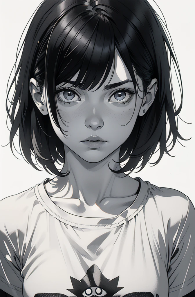 1 boyish girl, solo, sharp eyes, expressionless, monochrome, greyscale, short black hair, portrait, white T-shirt, closed mouth, looking at viewer, graphite \(medium\), detailed lips, hatching \(texture\), without makeup, bangs, upper body, (best illustration), (best quality), (very detailed), (masterpiece), expressionless,