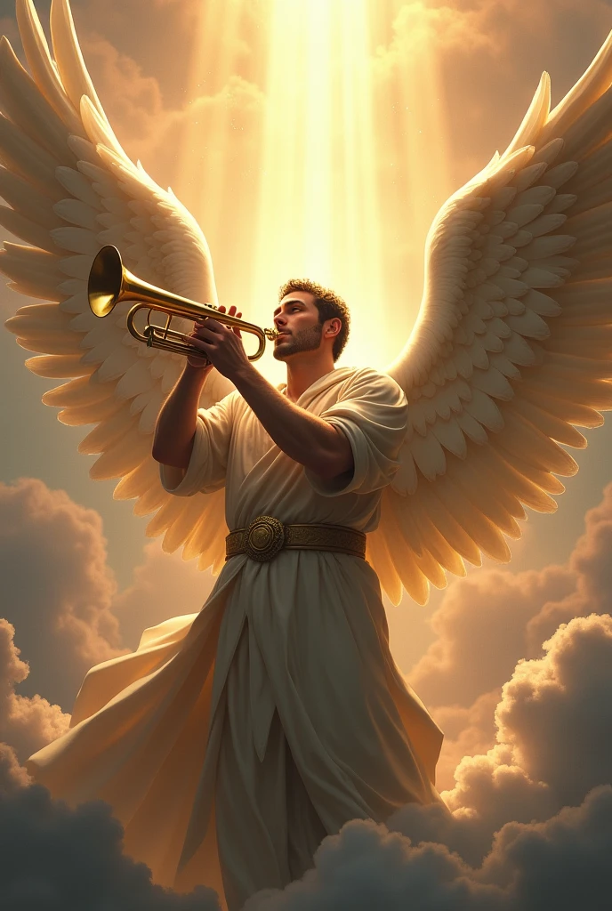 male angel playing the trumpet like the rapture, a very well illustrated scene, very strong and rays descending from the sky