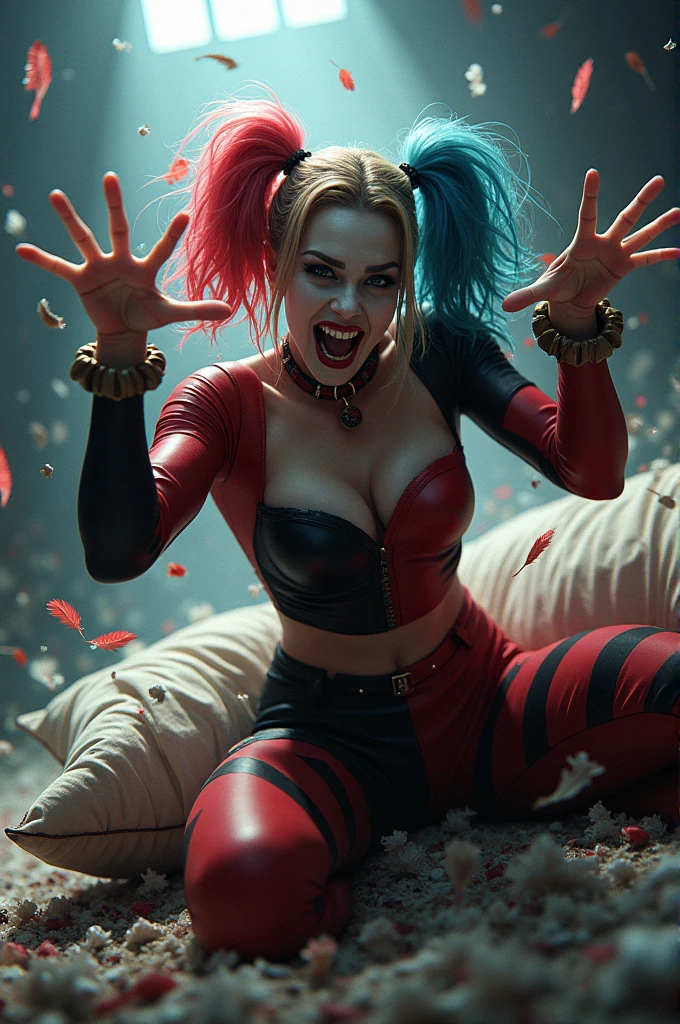 Harley Quinn ripping a pillow
