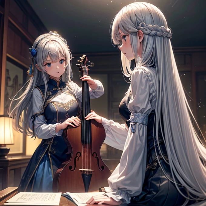 Two Girls, A girl is holding a piano, A girl is holding a lute, Gray Hair, Cyansia Fantasy, CG Social Popularity, Chinese Tower, Potential customers emerge, Hair is scattered, Motion Blur, Cinema Lighting, Blurred foreground, Motion Lines, Attention to detail, 16K, High resolution, Textured skin, Super Detail