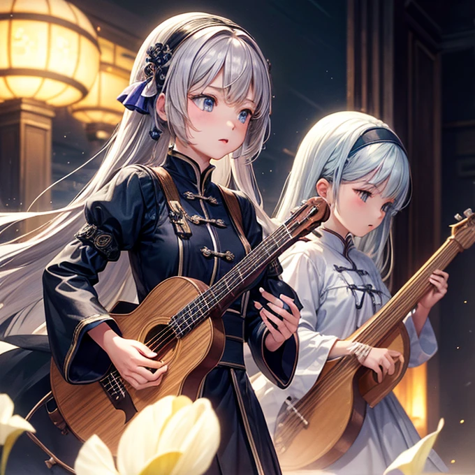 Two Girls, A girl is holding a piano, A girl is holding a lute, Gray Hair, Cyansia Fantasy, CG Social Popularity, Chinese Tower, Potential customers emerge, Hair is scattered, Motion Blur, Cinema Lighting, Blurred foreground, Motion Lines, Attention to detail, 16K, High resolution, Textured skin, Super Detail