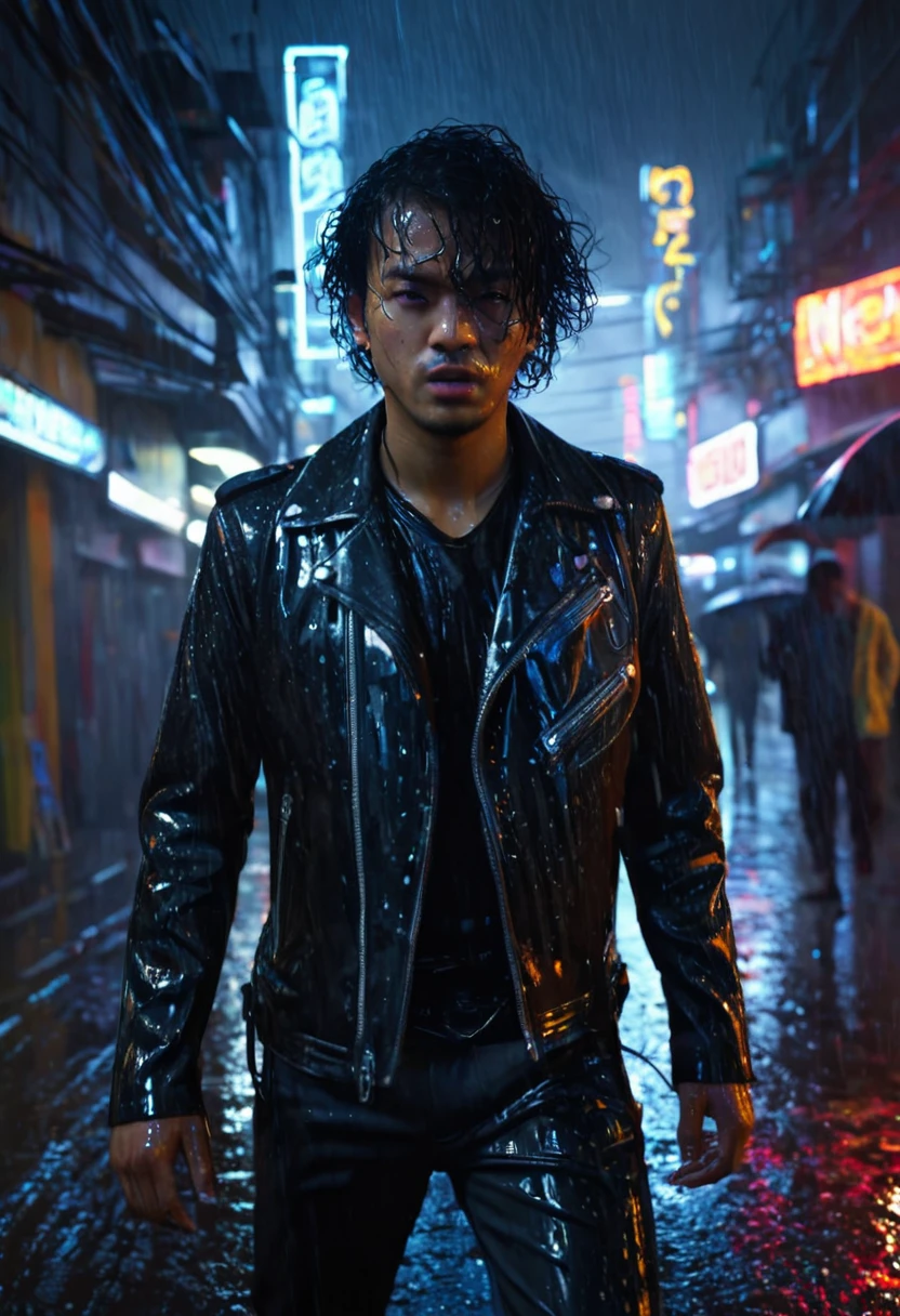 full body long shot camera, a tough Indonesian man 45yo in a black leather jacket, waving mess wet undercut curly black hair, black business suit, long running rush pose, angry expression, rainy Yogyakarta night, (best quality,4k,8k,highres,masterpiece:1.2),ultra-detailed,(realistic,photorealistic,photo-realistic:1.37), chiaroscuro lighting, dramatic cinematic lighting, hyper realistic, highly detailed face, extremely detailed eyes and face, long eyelashes, sharp focus, vivid colors, dark moody atmosphere, neon lights, rain effects, gritty urban environment, cyberpunk, neo-noir, concept art, digital painting