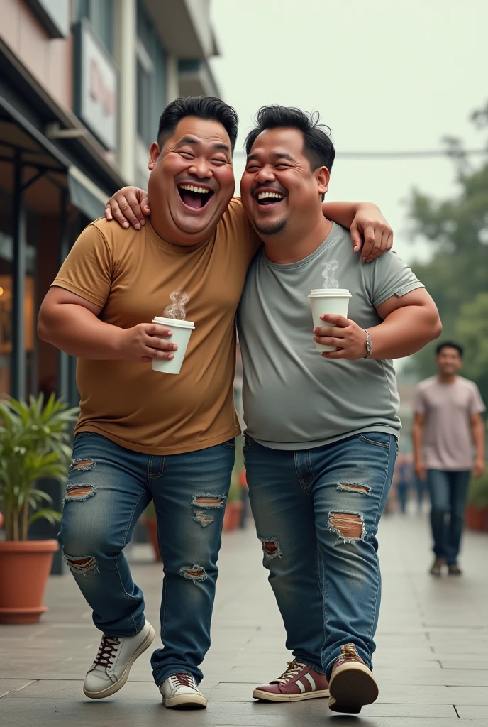 4d caricature,2 big Indonesian men,wearing a t-shirt and ripped jeans,walking together holding each other's shoulders,laugh ,holding hot coffee,retail building background writing "FUJi IMAGE PLAZA",hyper realistic,ultrahd,16k,super image quality,ultra detail