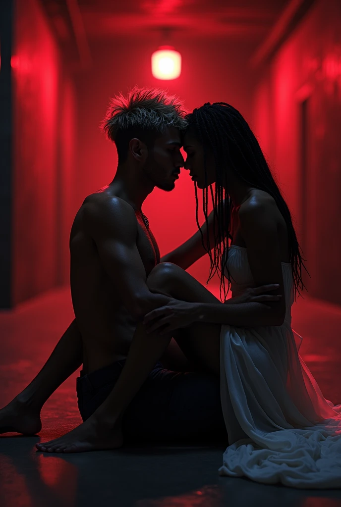 

Wide shot of a romantic black basement with red lights,  silhouette of a man with short hair shaved on the sides, brown with white highlights, disheveled , sitting and that of a woman sitting on his lap with black dreadlocked hair, velas romantic, dynamic poses, romantic, covered with a white silk cloth, hair in hands behind back.