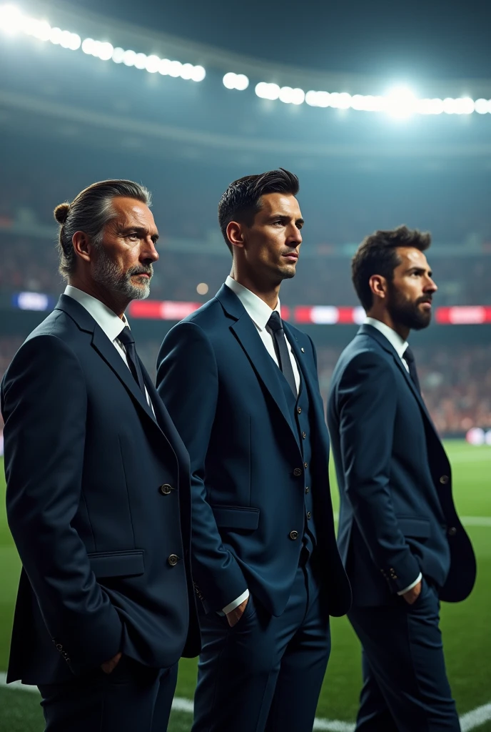 Zlatan Ibrahimovic, Cristiano Ronaldo and Lionel Messi as a Football Manager and coach in fierce rivalry. Show their front face serious pose during a derby match.