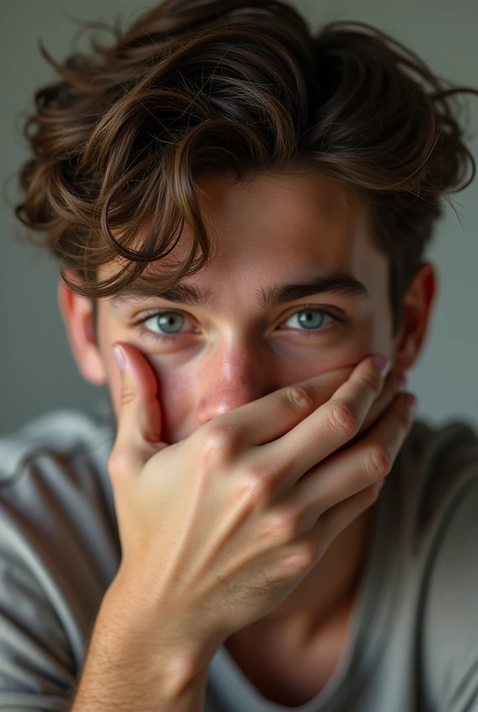 Photo of a handsome teenager covering his mouth with his hand that looks cute and SUPER MEGA IPER REALISTIC