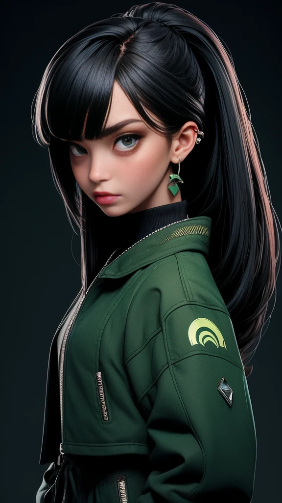 A young woman, aged 22, exuding a mature, serious, and mysterious aura. 165cm height, portrait shot, She has an oval face, she has long hair styled in a high ponytail, with long bangs that are parted either in the middle or to the side, framing her face elegantly. Her outfit is modern and hip-hop inspired, featuring a stylish jacket with green accents, over a cropped top and baggy pants. The ensemble is completed with sleek sneakers, giving her a dynamic yet poised look. Her expression is sharp and focused, with an underlying elegance. The background showcases a futuristic cityscape. The overall style is realistic, with high-quality rendering and extremely detailed hair and clothing textures.
