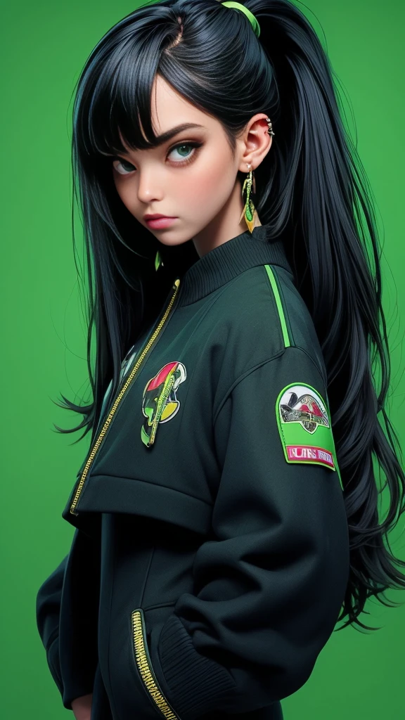 A young woman, aged 22, exuding a mature, serious, and mysterious aura. 165cm height, portrait shot, She has an oval face, she has long hair styled in a high ponytail, with long bangs that are parted either in the middle or to the side, framing her face elegantly. Her outfit is modern and hip-hop inspired, featuring a stylish jacket with green accents, over a cropped top and baggy pants. The ensemble is completed with sleek sneakers, giving her a dynamic yet poised look. Her expression is sharp and focused, with an underlying elegance. The background showcases a futuristic cityscape. The overall style is realistic, with high-quality rendering and extremely detailed hair and clothing textures.