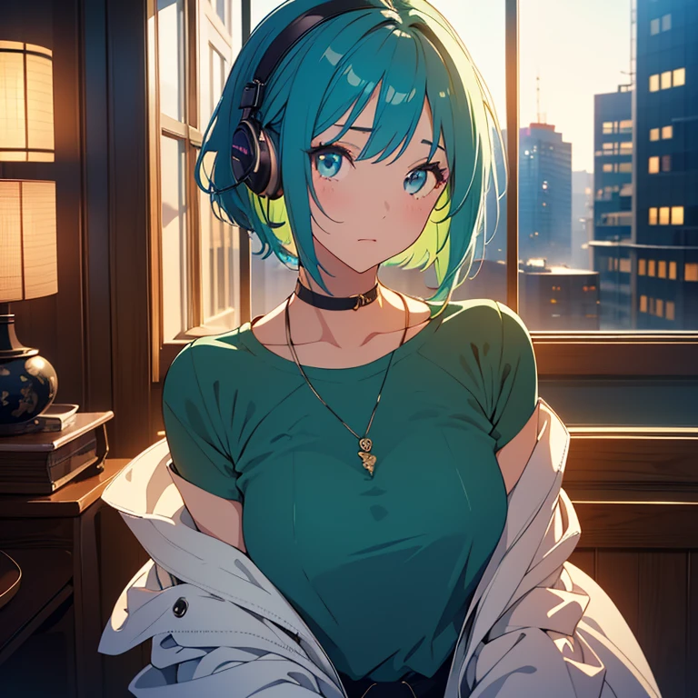 (beautiful girl: 1.3)、One girl、masterpiece、Highest quality、Ultra-high resolution、Perfect Face、Highly detailed face、Detailed eyes、Attractive eyes、Eye for detail、Detailed skin、Perfectly shaped、Symmetrical face、 Rich contrast、80s Anime、Vintage Anime、super high quality、8k、Highly detailed textures、Unbelievably absurd、Highly detailed CG unit wallpaper、Depth of written boundary、16K、uhd、Perfect Anatomy、Cinematic Realism、Intricate details、Shadows in the movies、In the room at home、Cute room、部屋の中はDark、indirect lighting、Lots of shooting stars、Full body view、Big, loose T-shirt、Modern clothing、Realistic clothing、Pale emerald green hair、Medium Short Hair、A melancholic look、Dark、Dark shading、Dynamic Angle、Rainbow Headphones,Listening to music、Big and ample breasts、Outside the window is the city at night、Time is midnight、Buildings at night、