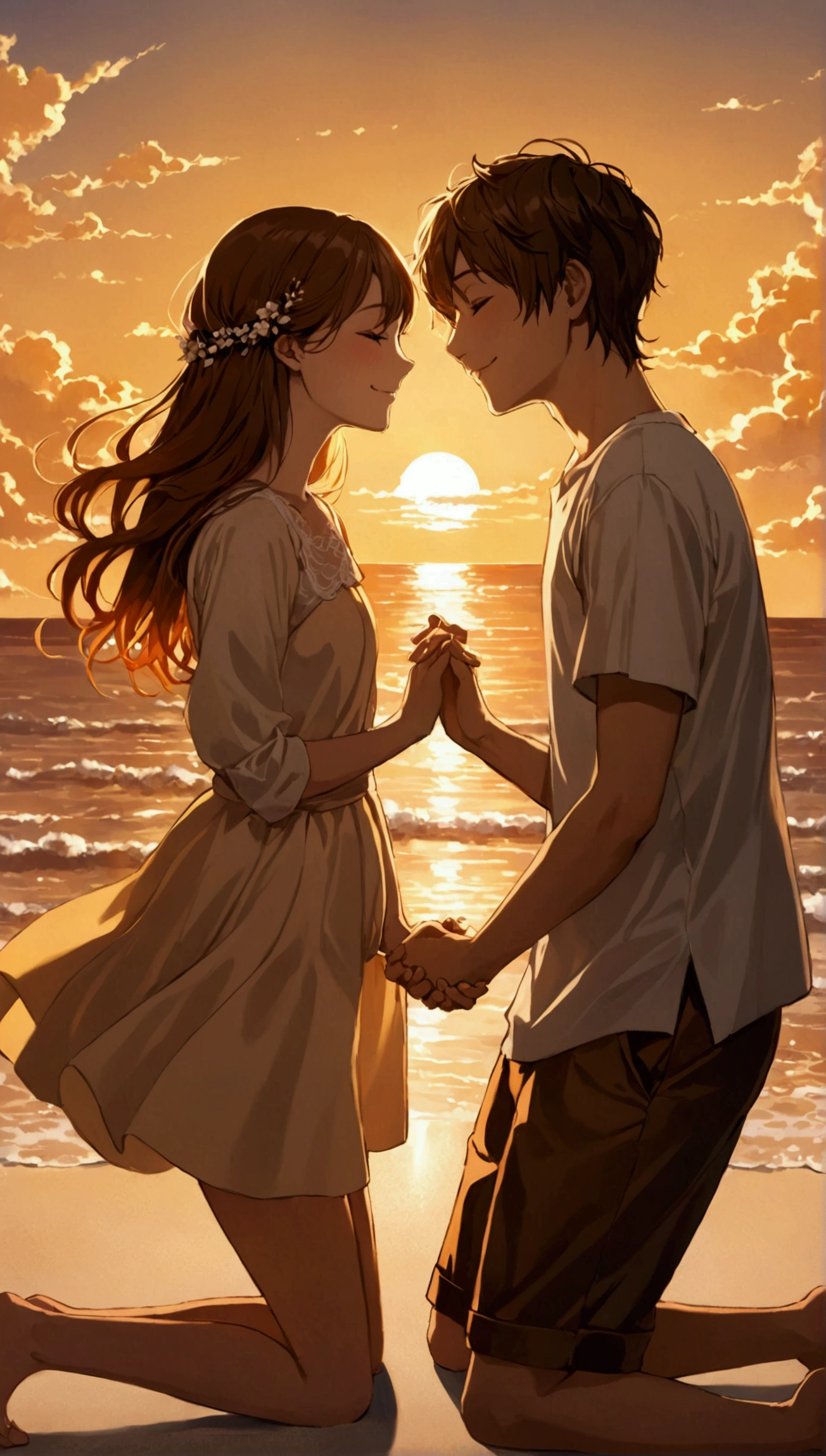 A beautiful boy and girl are crouching facing each other. The background is the setting sun on the beach, with golden clouds in the sky and orange sunlight falling from behind them. Fantastic. They are looking at the sunset together, touching hands, both smiling happily with their eyes closed.  high quality, detail. real, details