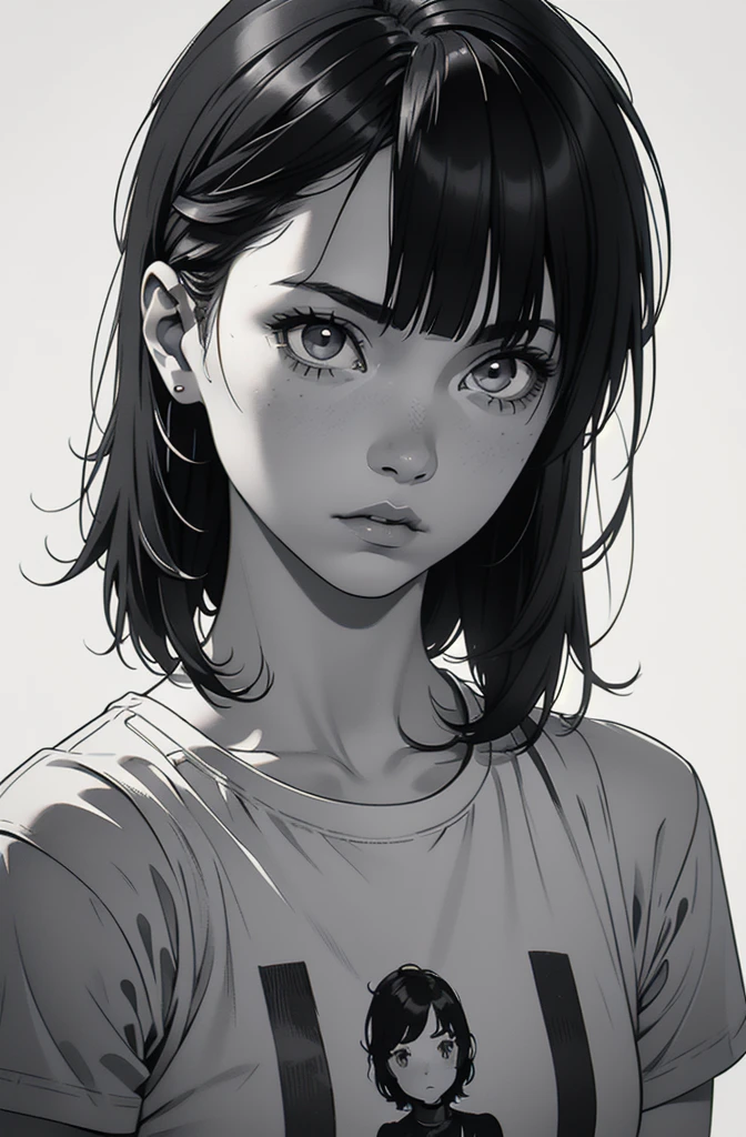 1 boyish girl, solo, sharp eyes, expressionless, monochrome, greyscale, short black hair, portrait, white T-shirt, closed mouth, (looking at viewer), graphite \(medium\), detailed lips, hatching \(texture\), without makeup, bangs, (upper body), (best illustration), (best quality), (very detailed), (masterpiece), expressionless,