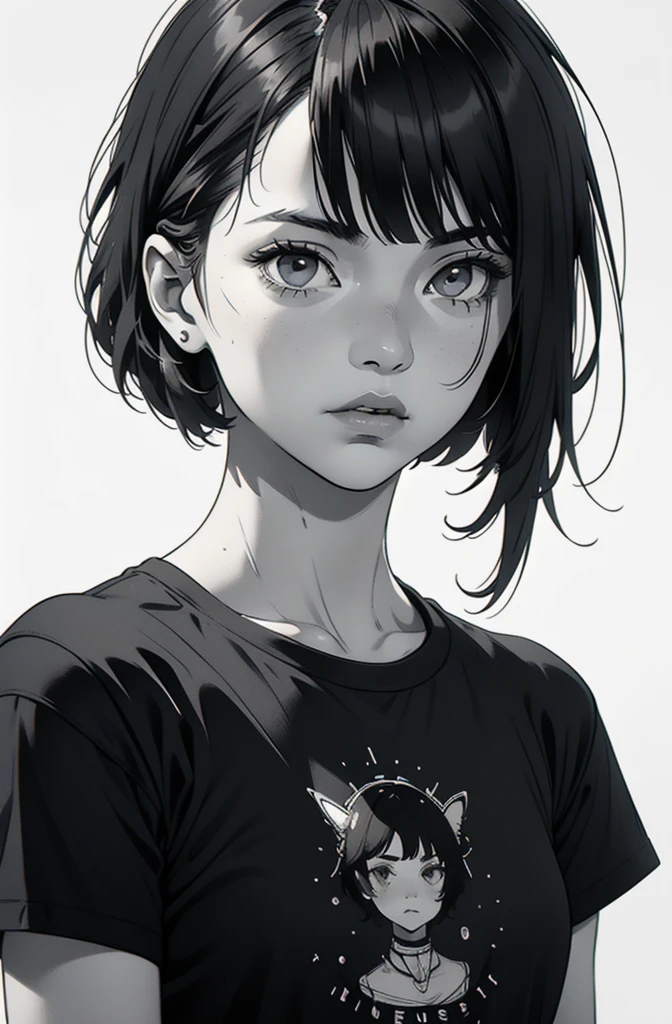 1 boyish girl, solo, sharp eyes, expressionless, monochrome, greyscale, short black hair, portrait, white T-shirt, closed mouth, (looking at viewer), graphite \(medium\), detailed lips, hatching \(texture\), without makeup, bangs, (upper body), (best illustration), (best quality), (very detailed), (masterpiece), expressionless,