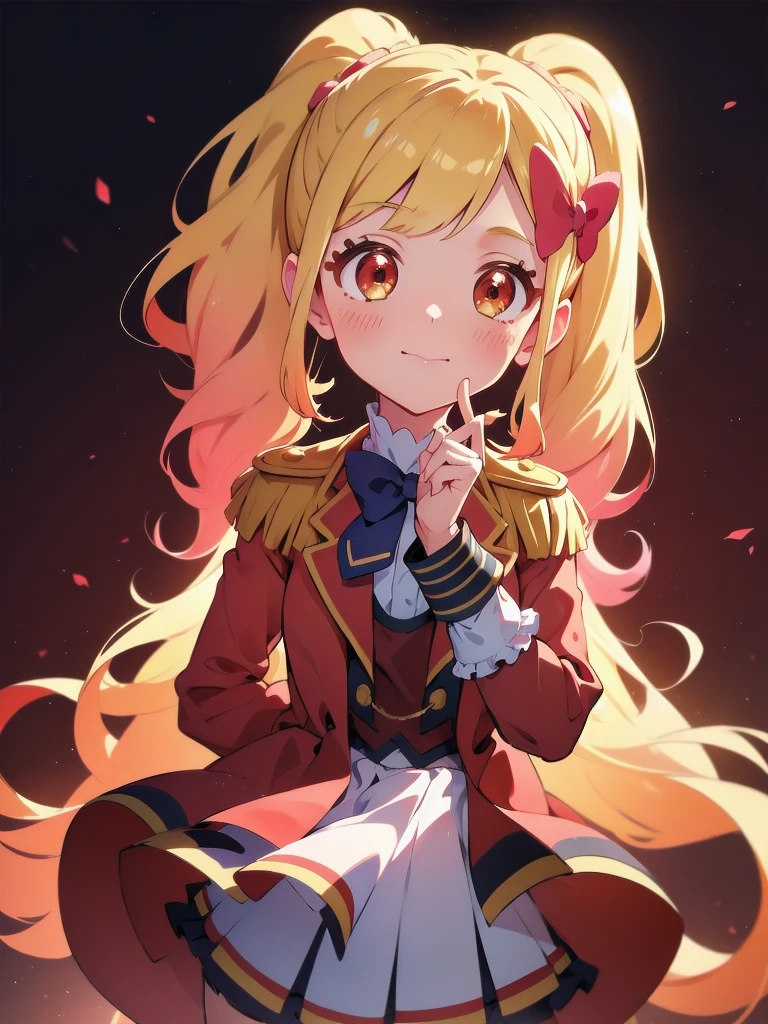 One person,puppet, (upset:0.7), (A light smile:0.7), blush, brdrop, (masterpiece), Highest quality, High resolution, Very detailed, Detailed Background, Perfect lighting, Yume Nijino, golden hair, twin tail, red ribbon on left head, 