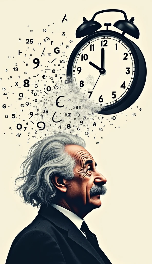 Einstein's Thought Bubble**: A creative depiction of Einstein with a thought bubble containing mathematical formulas and a clock showing 20 seconds, suggesting he’s rapidly solving the equations in his mind.